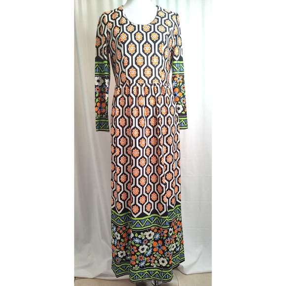 Vintage 60s Hobnobber Naturally Maxi Dress 70s Floral Geometric Long Sleeve - Picture 2 of 12